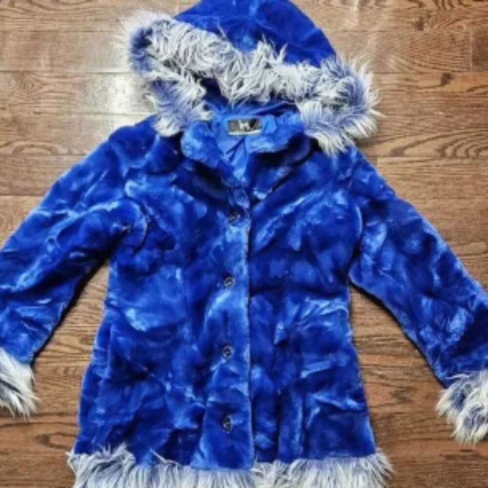 Vtg Y2K Blanc Noir Blue Fuzzy Hooded Jacket Sz M Boho Chic Outerwear Penny Lane